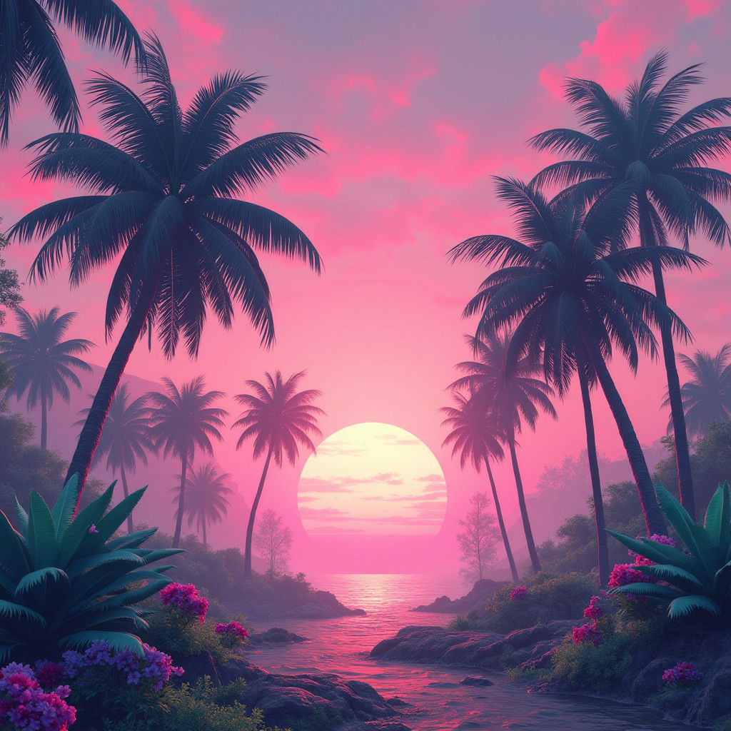 Pink Sunset Palm Trees in Detailed Matte Painting