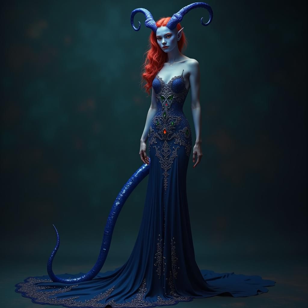 Striking Tiefling Woman with Sapphire Gown