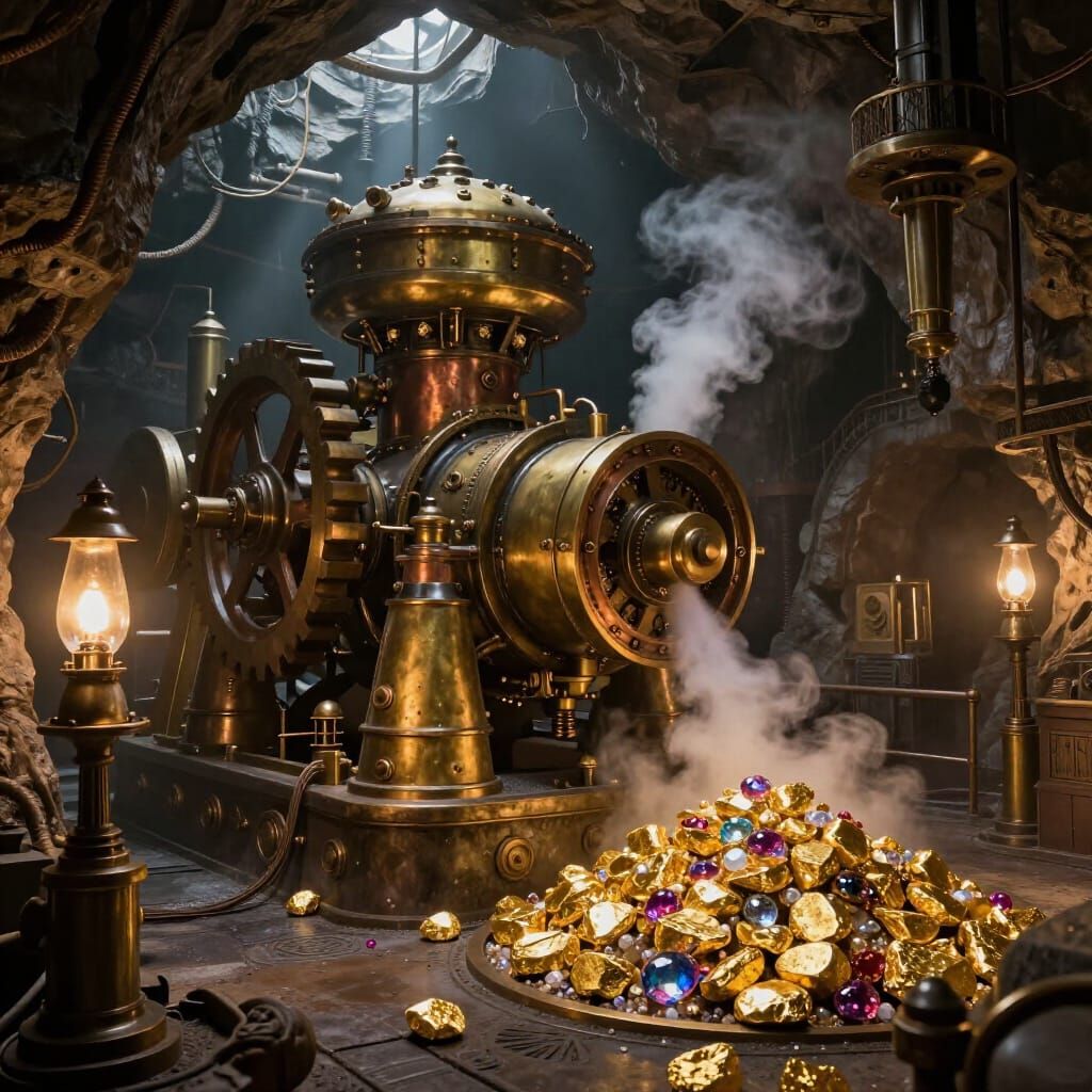 Steampunk Mine Operation: Gold and Gemstone Extraction