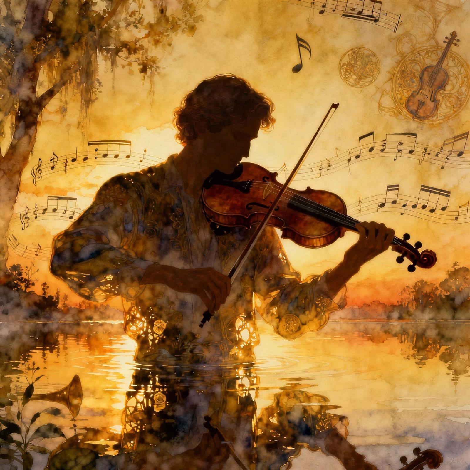Golden Hour Violinist Silhouette in Watercolor