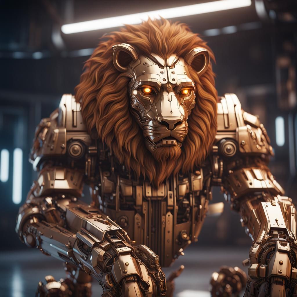Futuristic Cowardly Lion with Intricate Mech Details