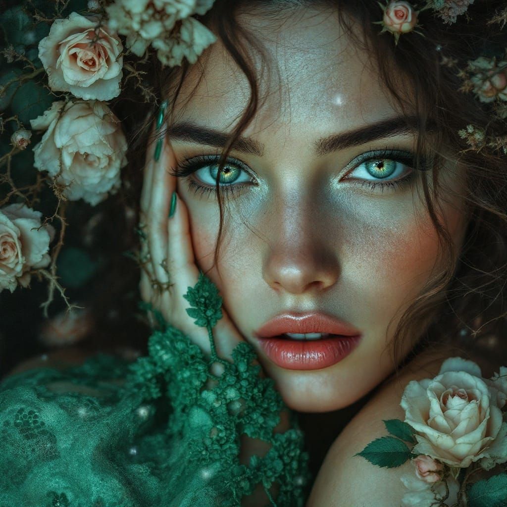 Ethereal Lady in Emerald Lace Gown, a Masterpiece of Texture...