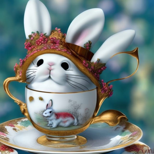 Cute Bunny in Teacup: Hyperrealistic Digital Art