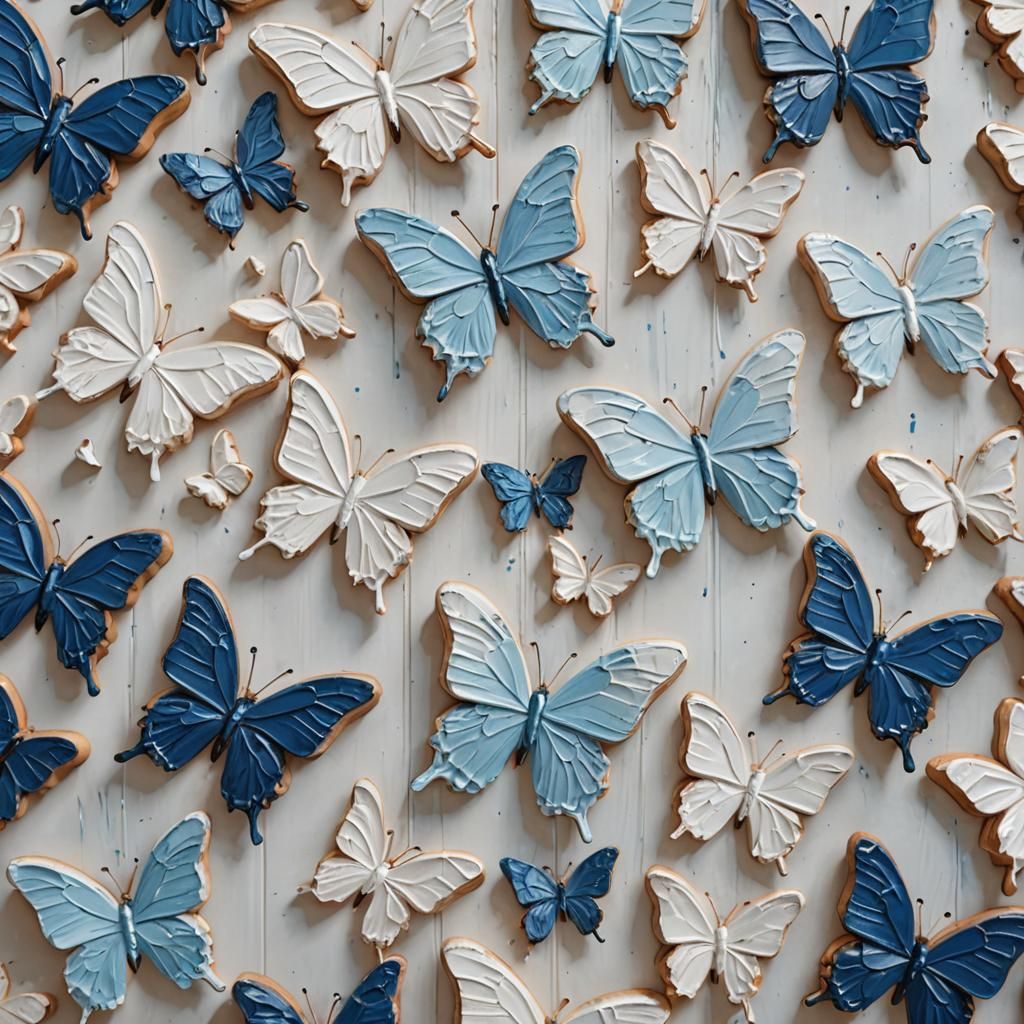 Impasto Butterflies in White and Blue Style