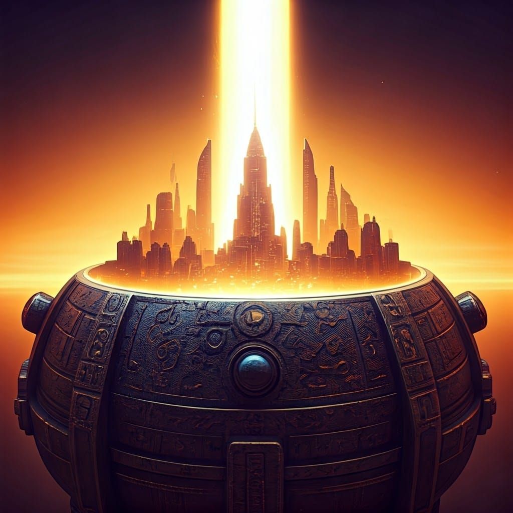 Futuristic Device Emits Light Beam Over Metropolis