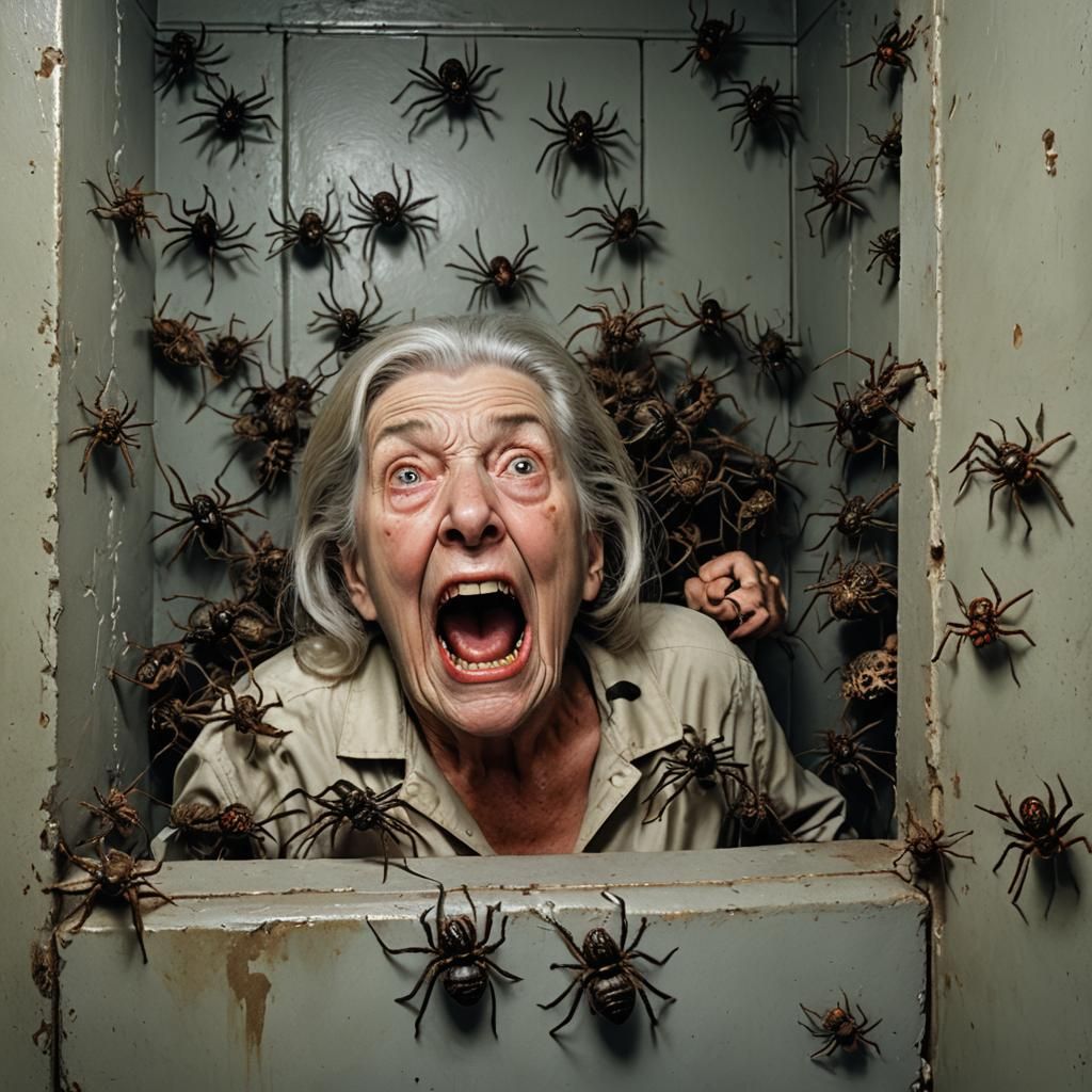 Terrified Woman in Cell with Spiders: Photorealistic