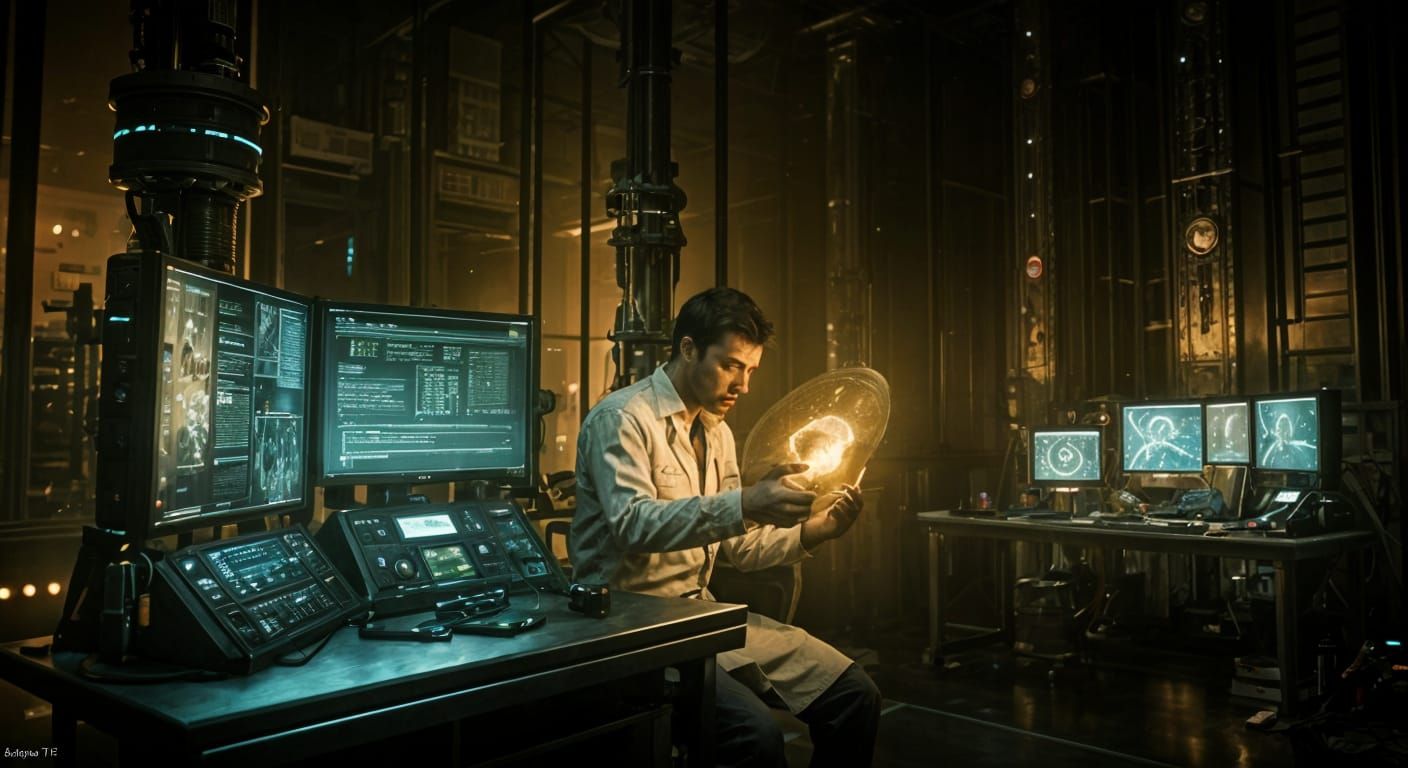 Scientist Discovers Glowing Specimen in Futuristic Lab