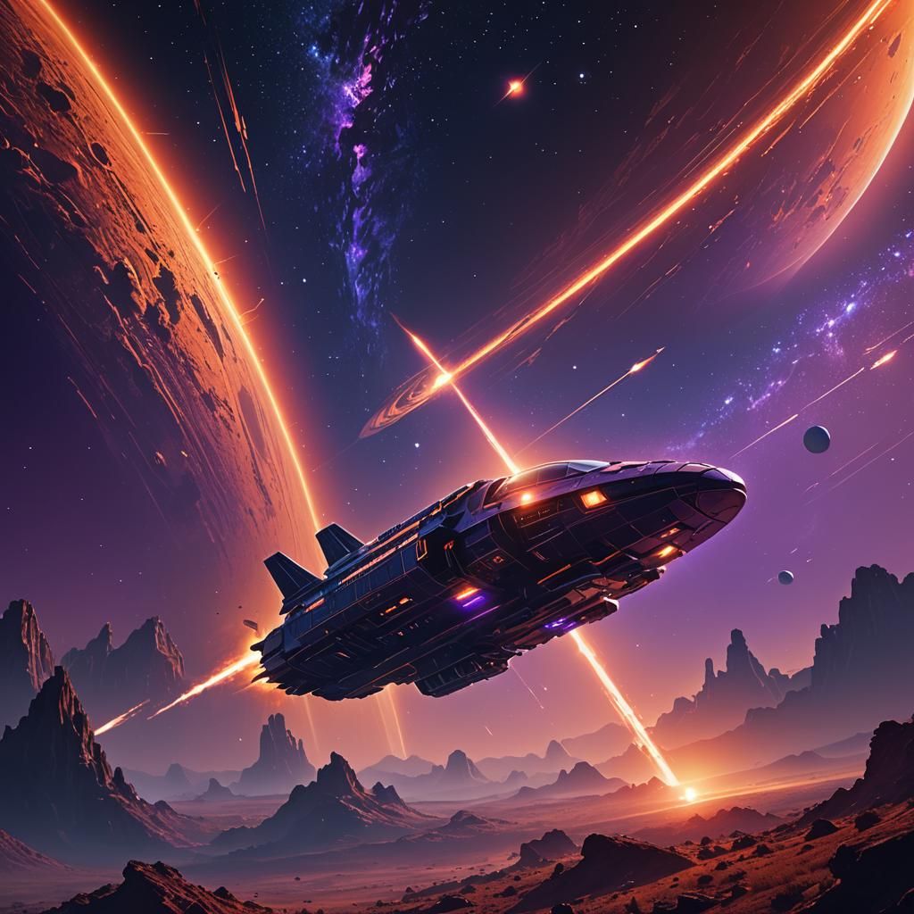 Retro-Futuristic Spaceship Flies from Glowing Planet