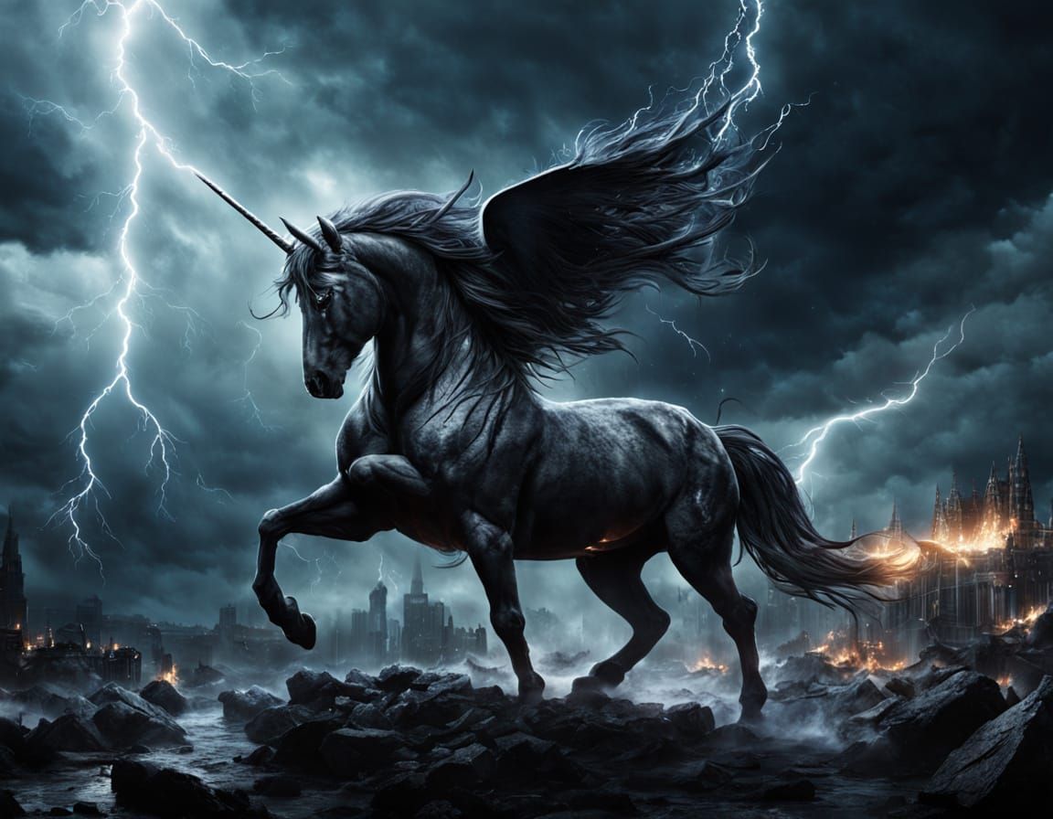 Dark Unicorn Surrounded by Spirits in Thunderstorm