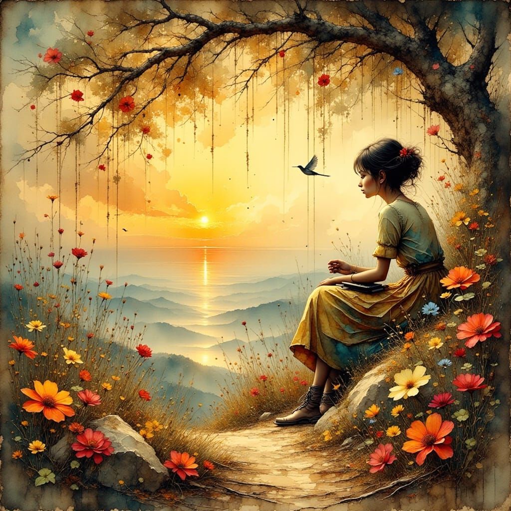 Antique Watercolor Style Person in Sunshine