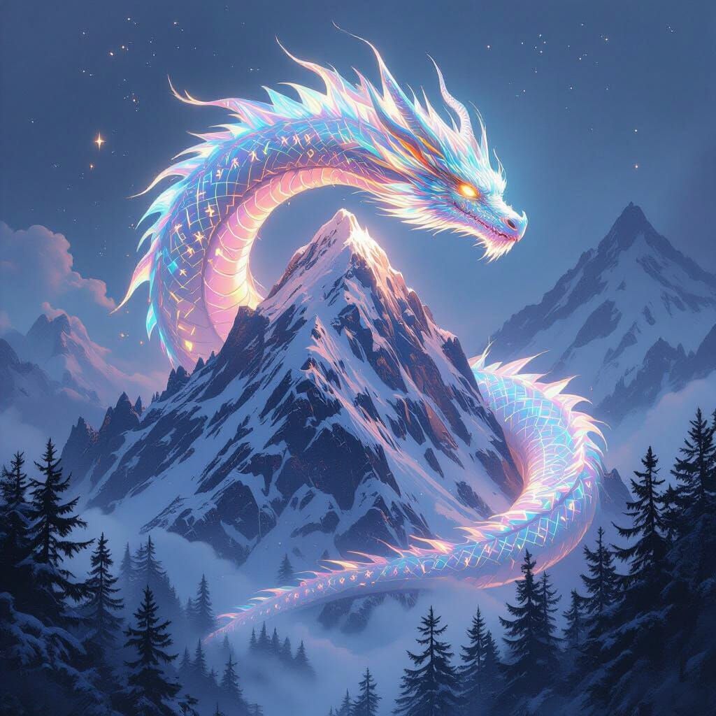 Bioluminescent Dragon Coiled Around Snowy Mountain Peak