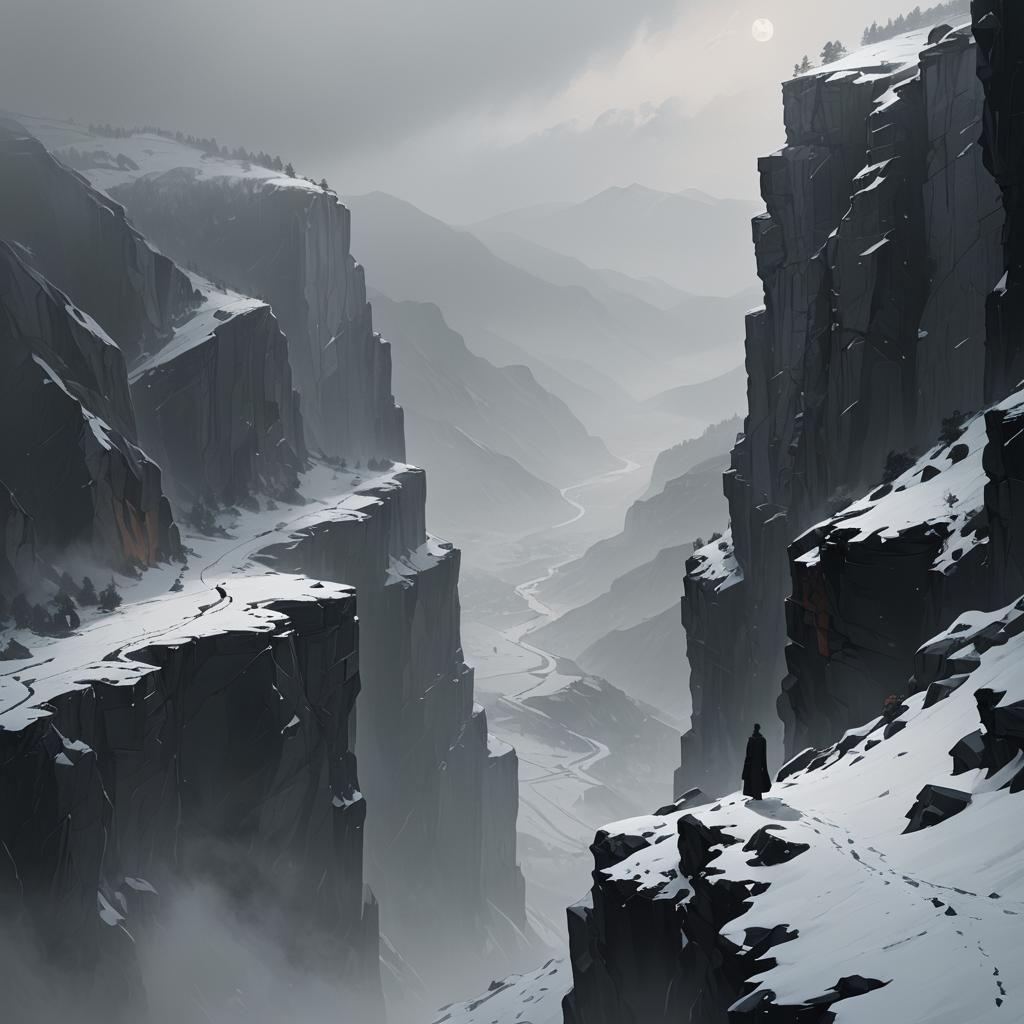 Lonely Figure on Snowy Cliff in Oil Painting Style