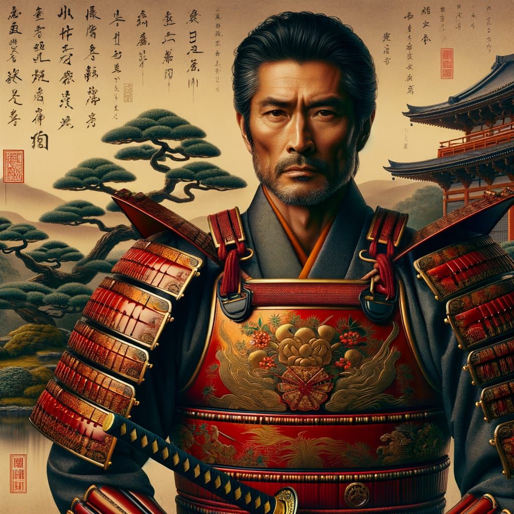 Samurai in Ukiyo-e Style Armor with Katana