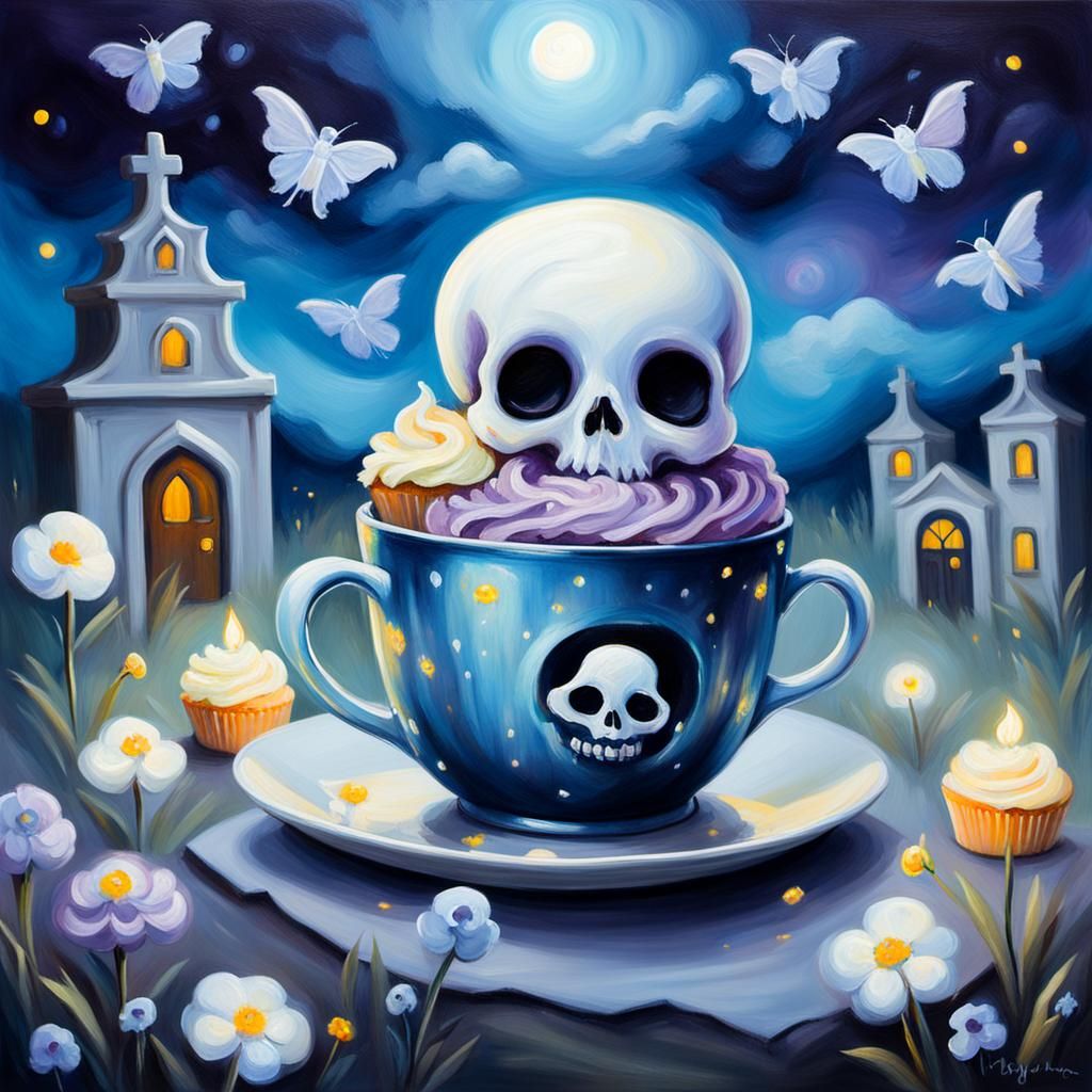 Chibi Skull Ghost Graveyard Cupcake: Whimsical Oil Painting