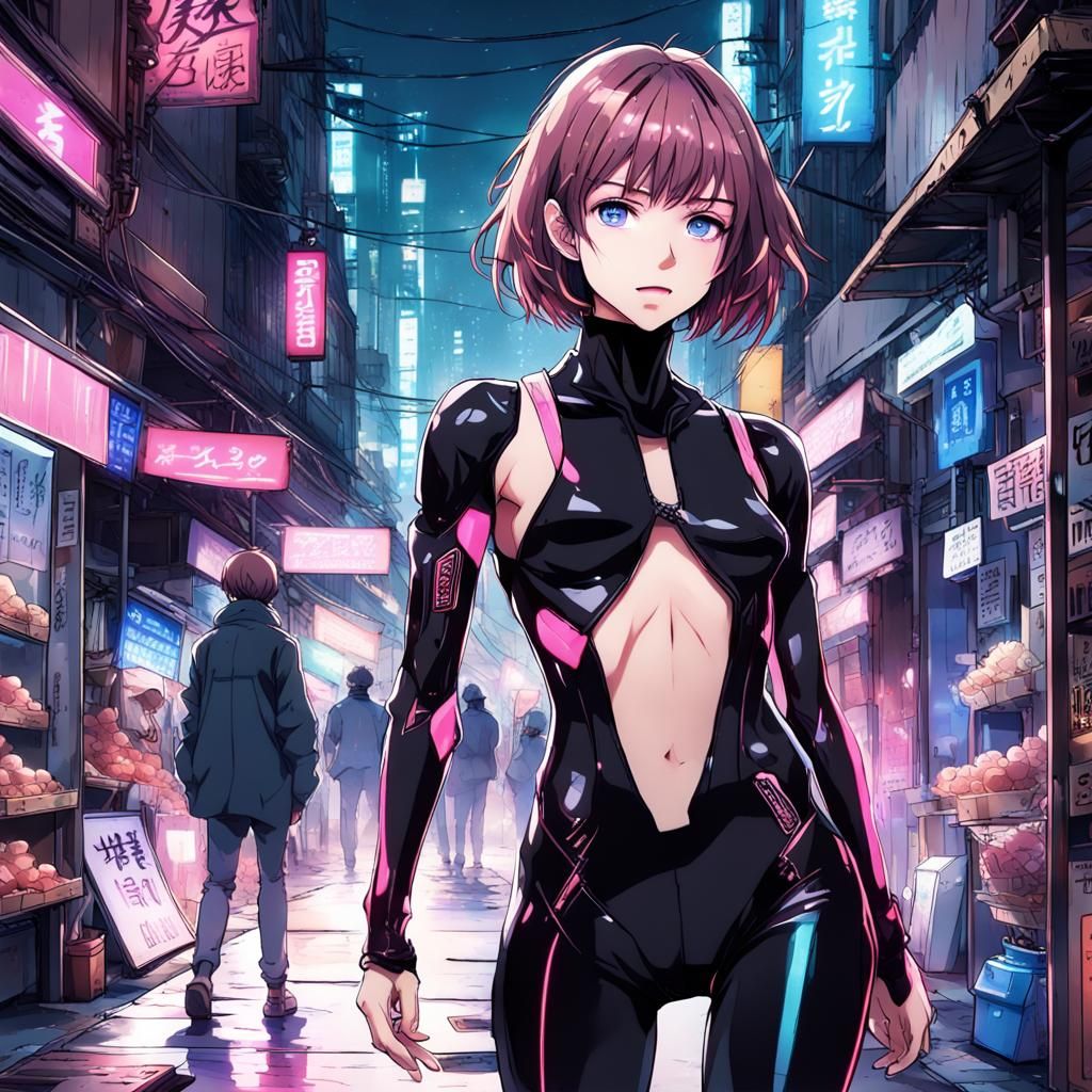 Cyberpunk Anime Woman with Pink Bodysuit
