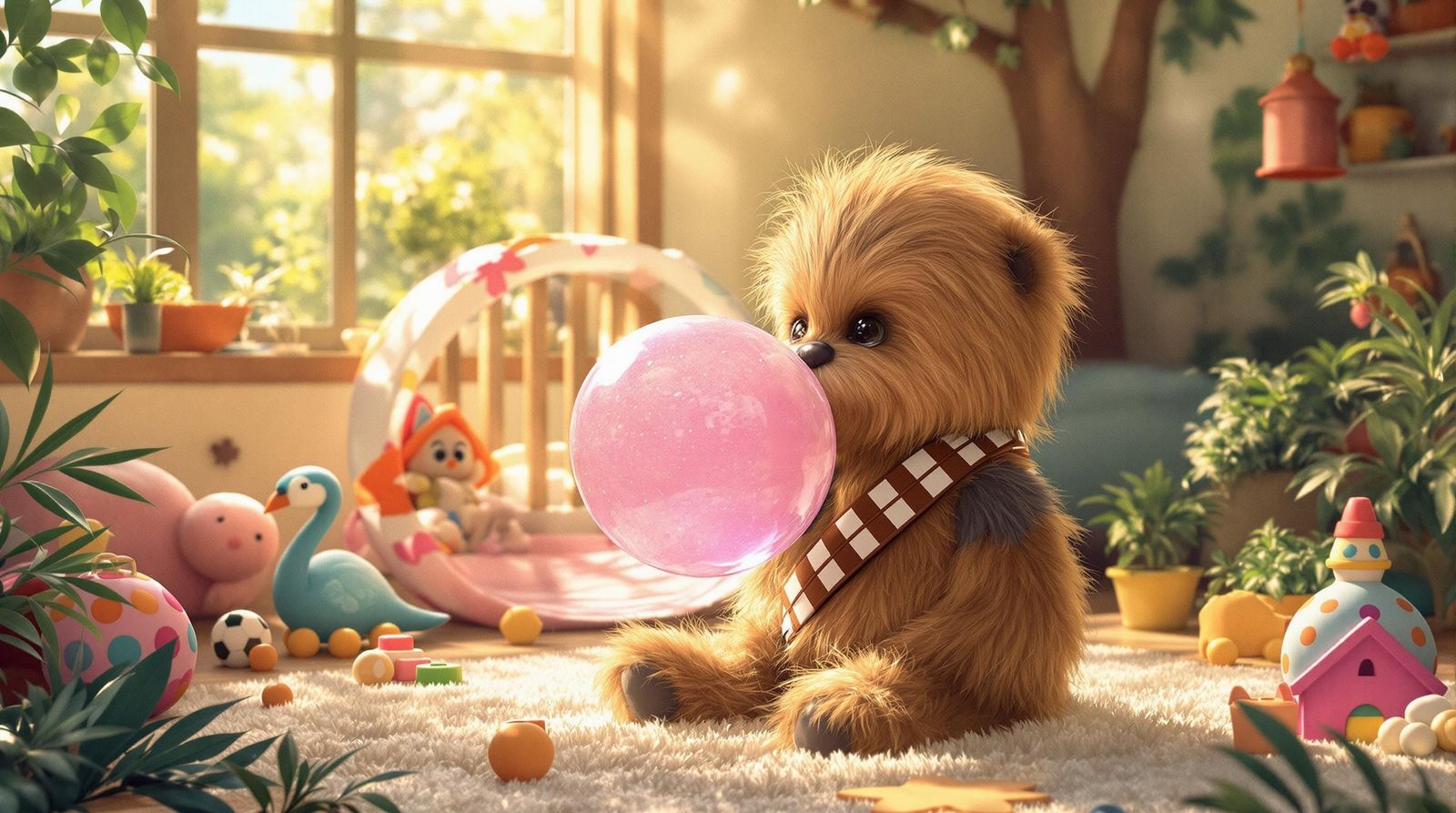 Chewbacca Blows a Bright Pink Bubble Gum Bubble in a Whimsic...