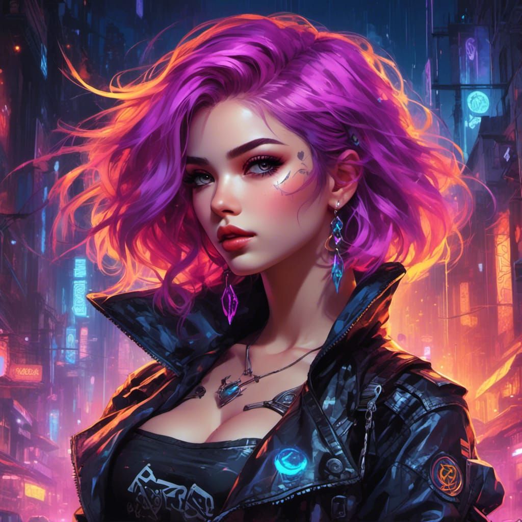 Cyberpunk Girl with Purple Hair in Synthwave Style