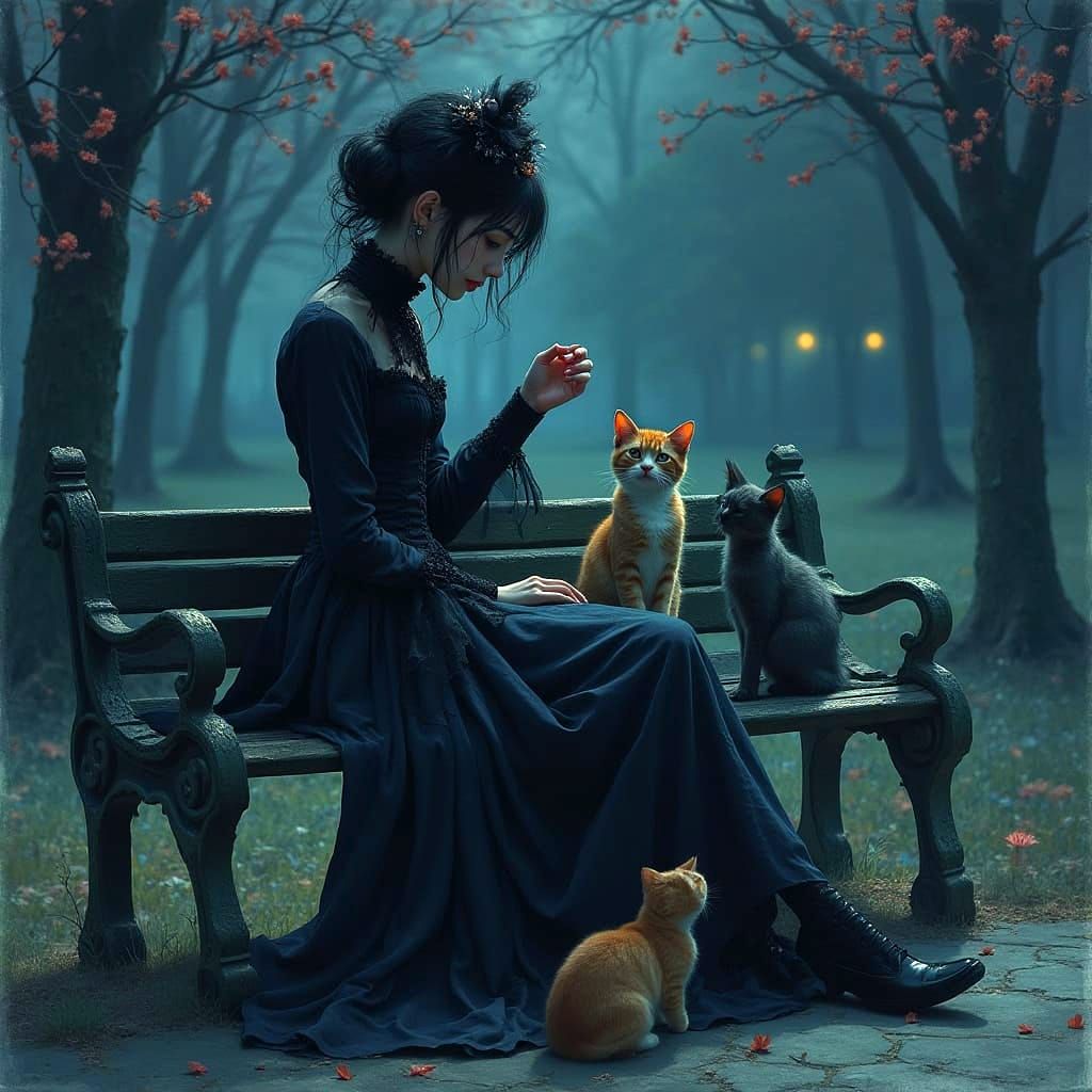 Victorian Woman Feeding Cats in Watercolor Style