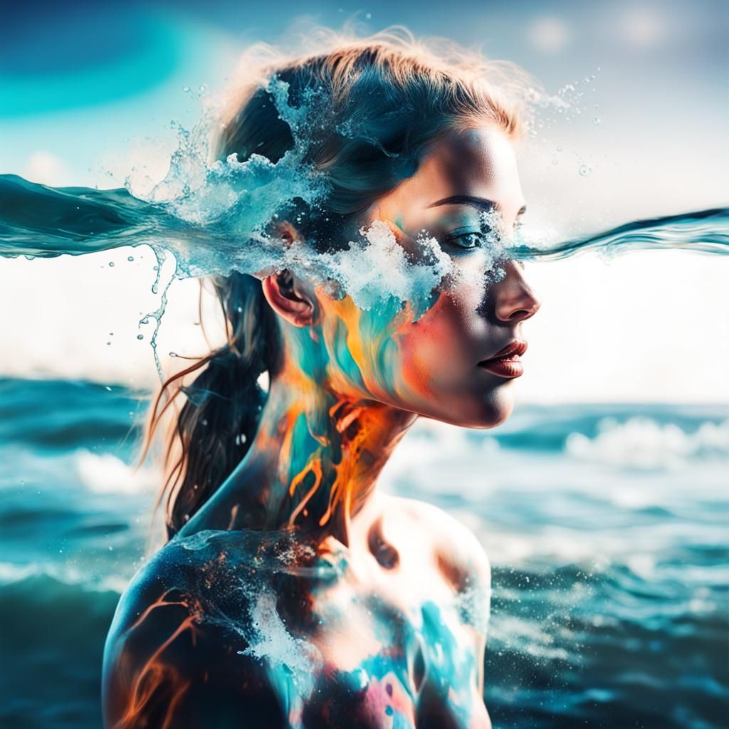 Girl Loving Ocean in Double Exposure Graffiti Art