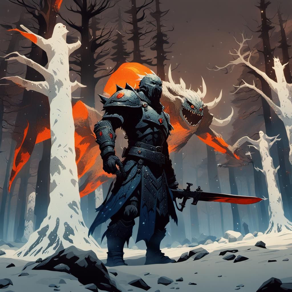 Monster Cornered in Snowy Woods: Cinematic Horror