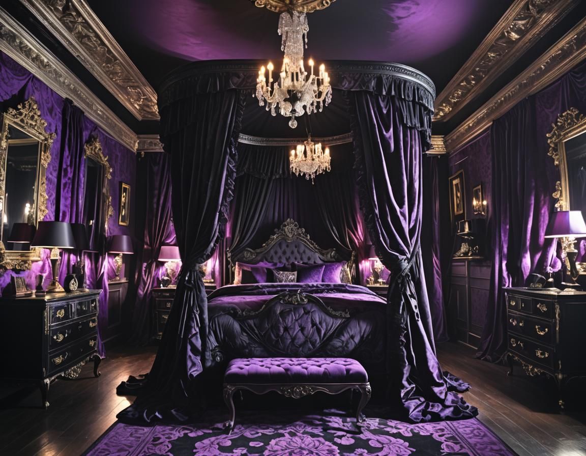 Purple LED Lit Gothic Baroque Master Bedroom
