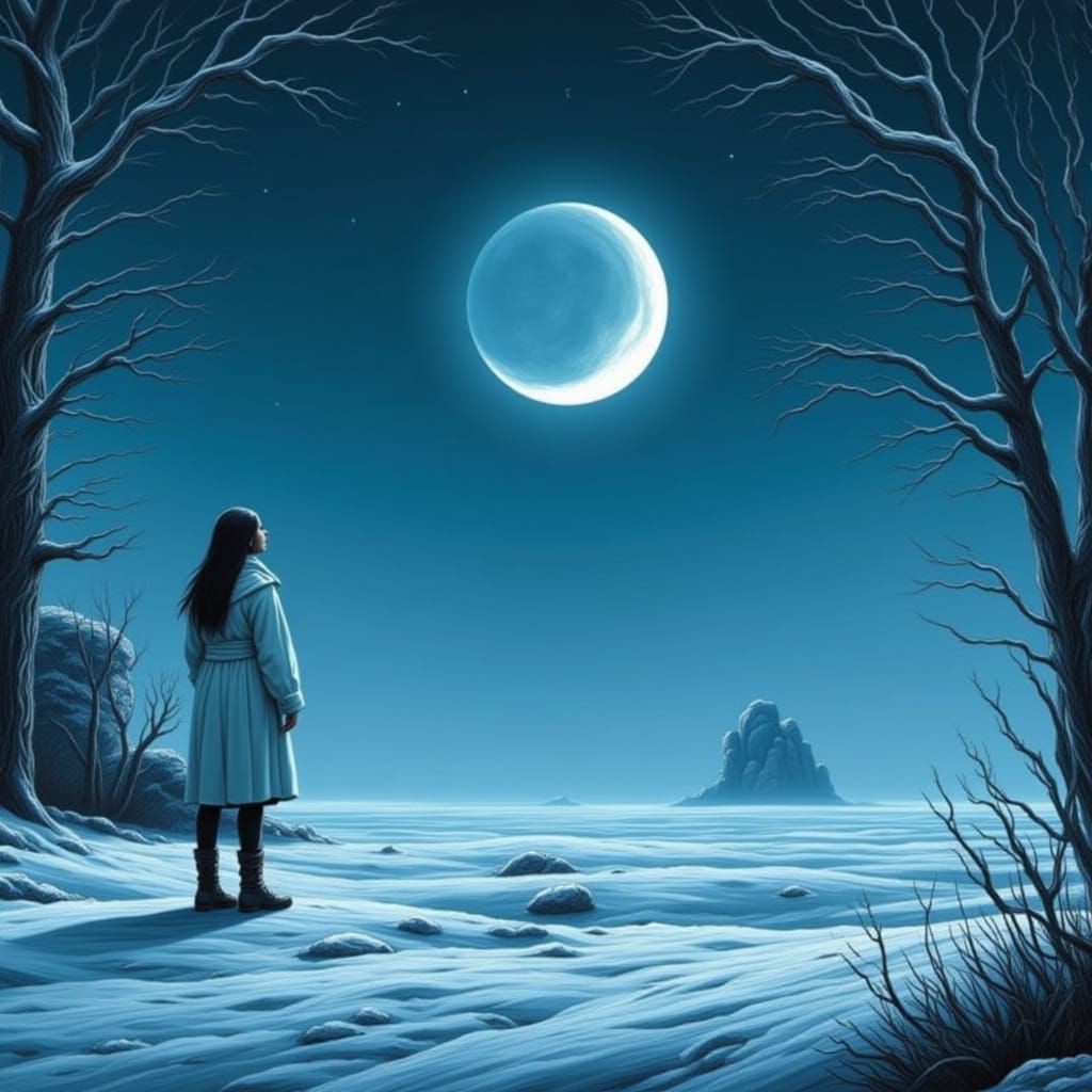 Woman Gazing at Crescent Moon over Frozen Lake