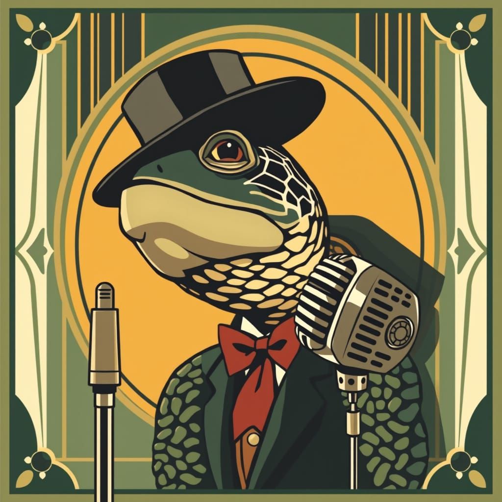 Art Deco Turtle Crooner Poster with Microphone