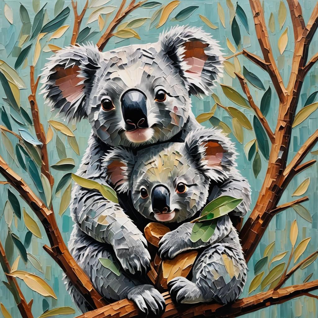 Koalas Expressing Joy Through Impasto Painting