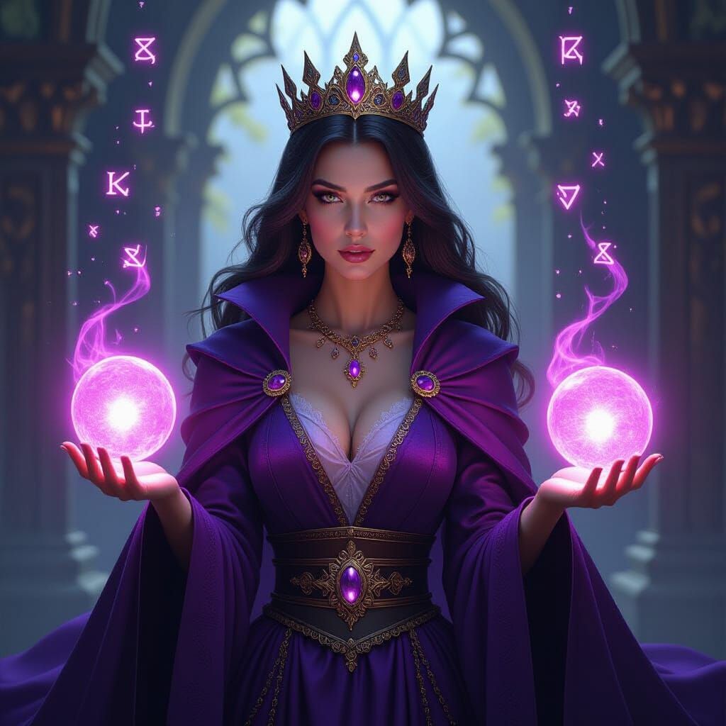 Sorceress Queen Holds Magic Orbs in Realistic Fantasy Style
