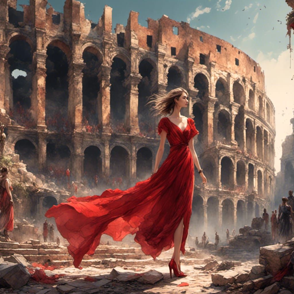 Woman in red dress and red healed shoes, standing in front o...