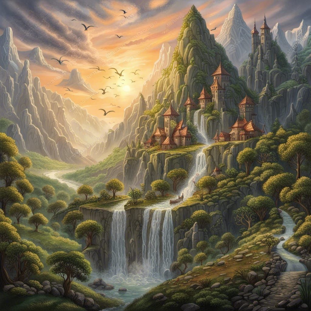 Elven Homes on a Mountain in 'Lord of the Rings' Style