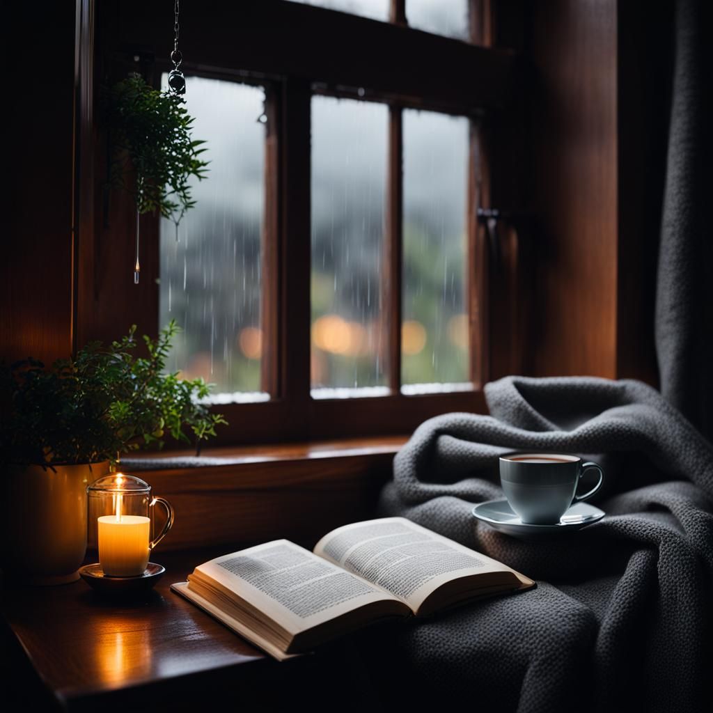Cozy Reading Scene on a Rainy Day