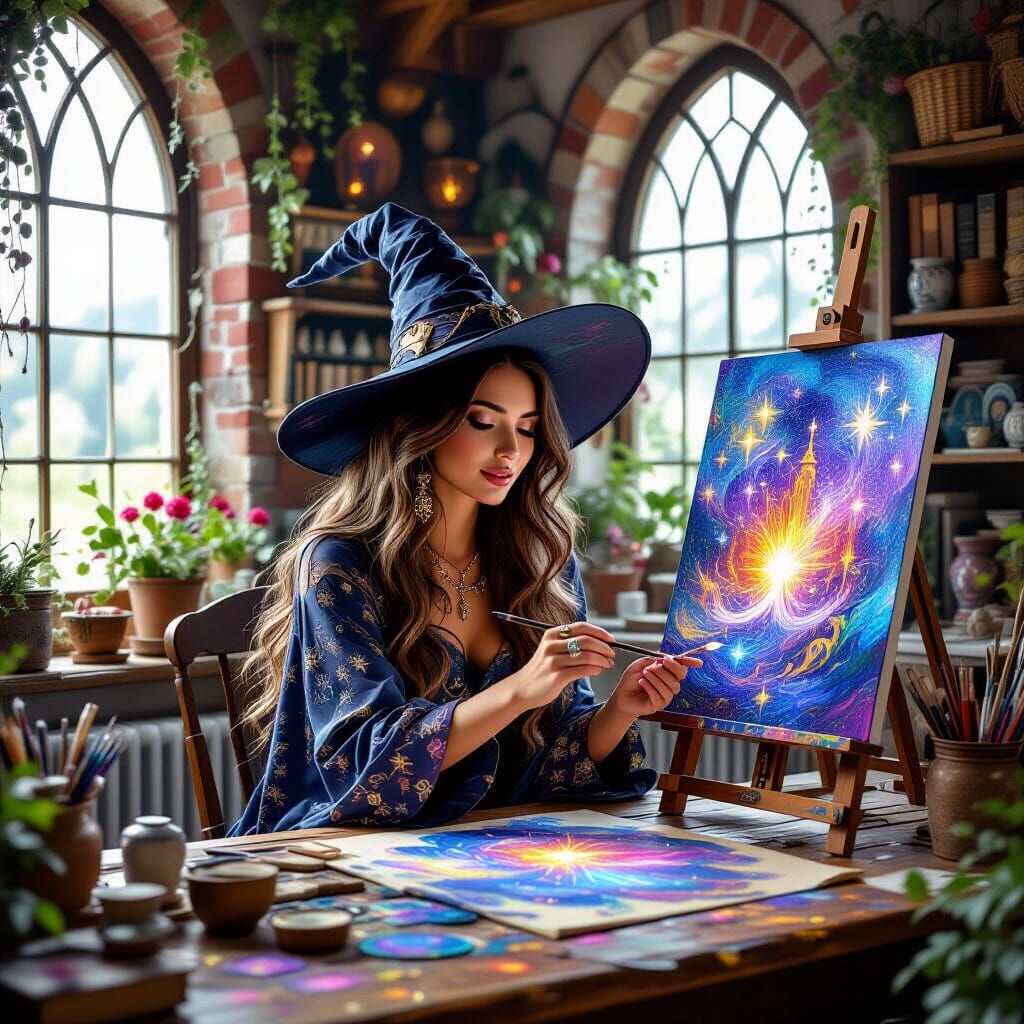 Magical Witch in an Enchanted Artist's Studio