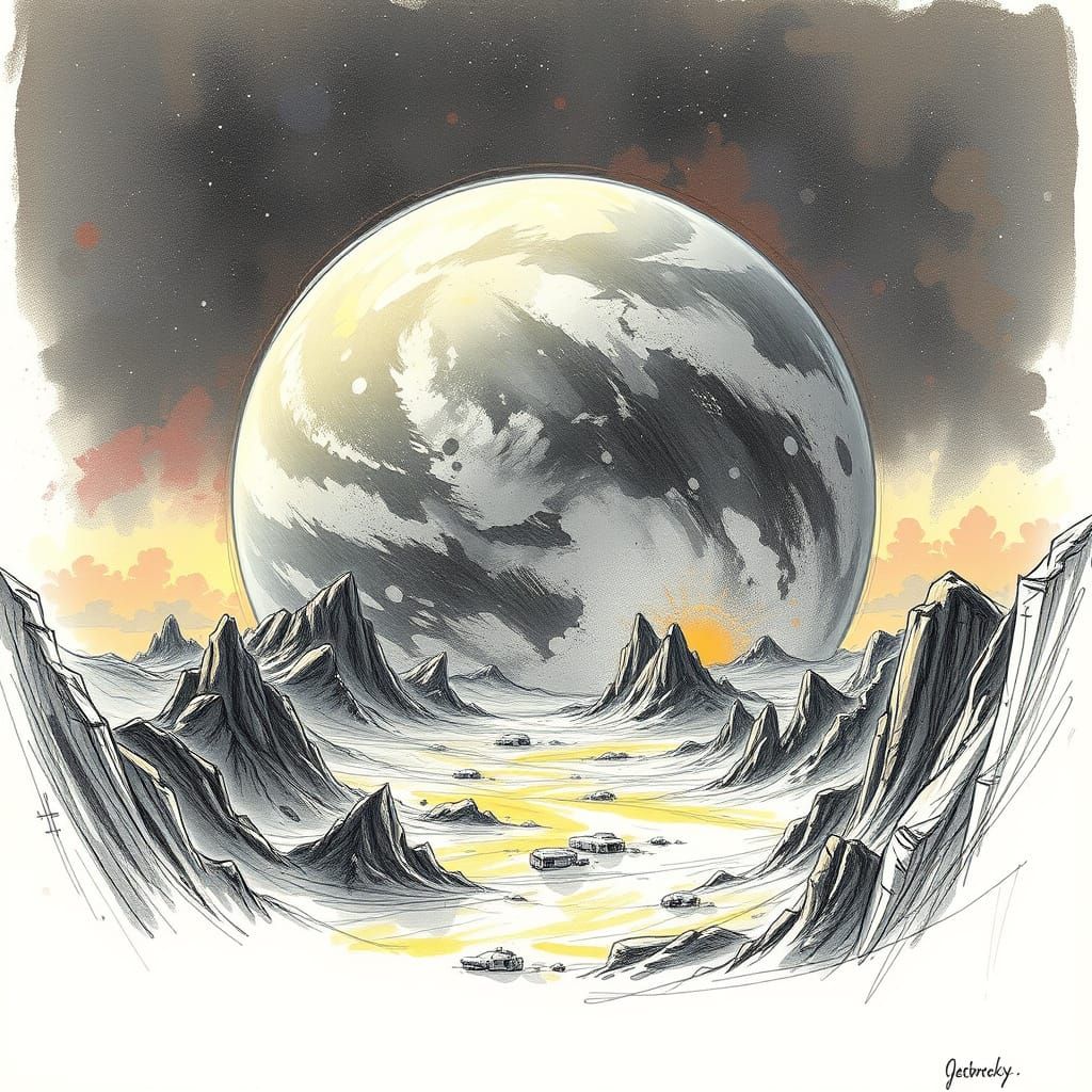 Intricately Detailed Planet Landscape in High-Contrast Monoc...