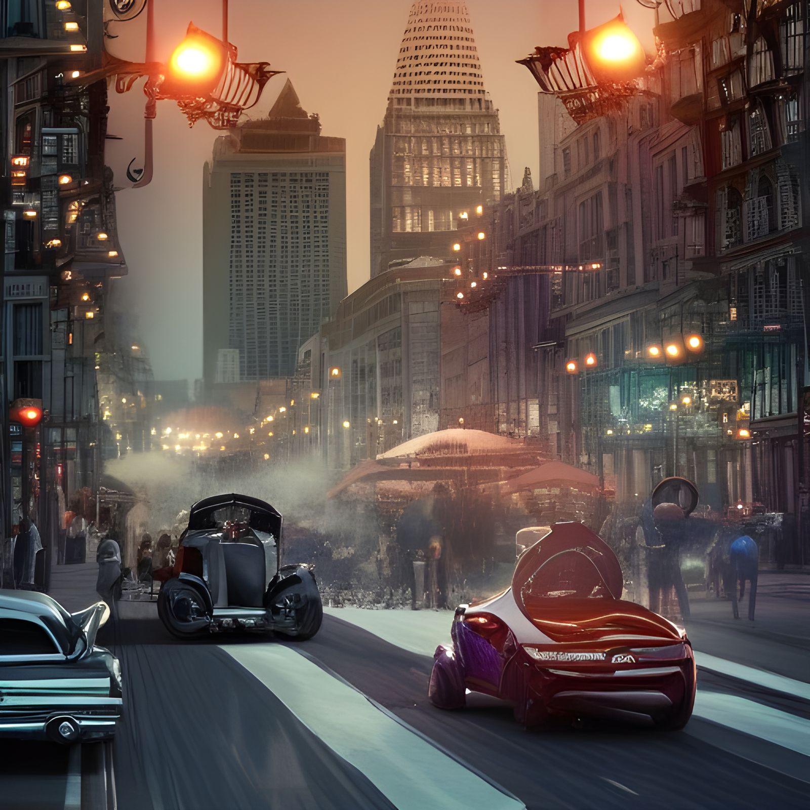 Bustling Downtown Scene with Long Exposure Effects