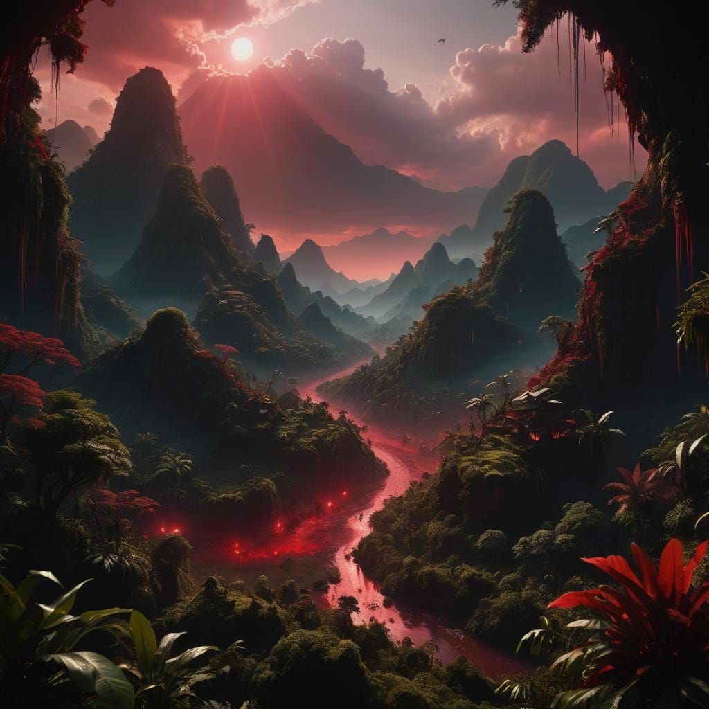 Otherworldly Red Jungle Landscape with God Rays