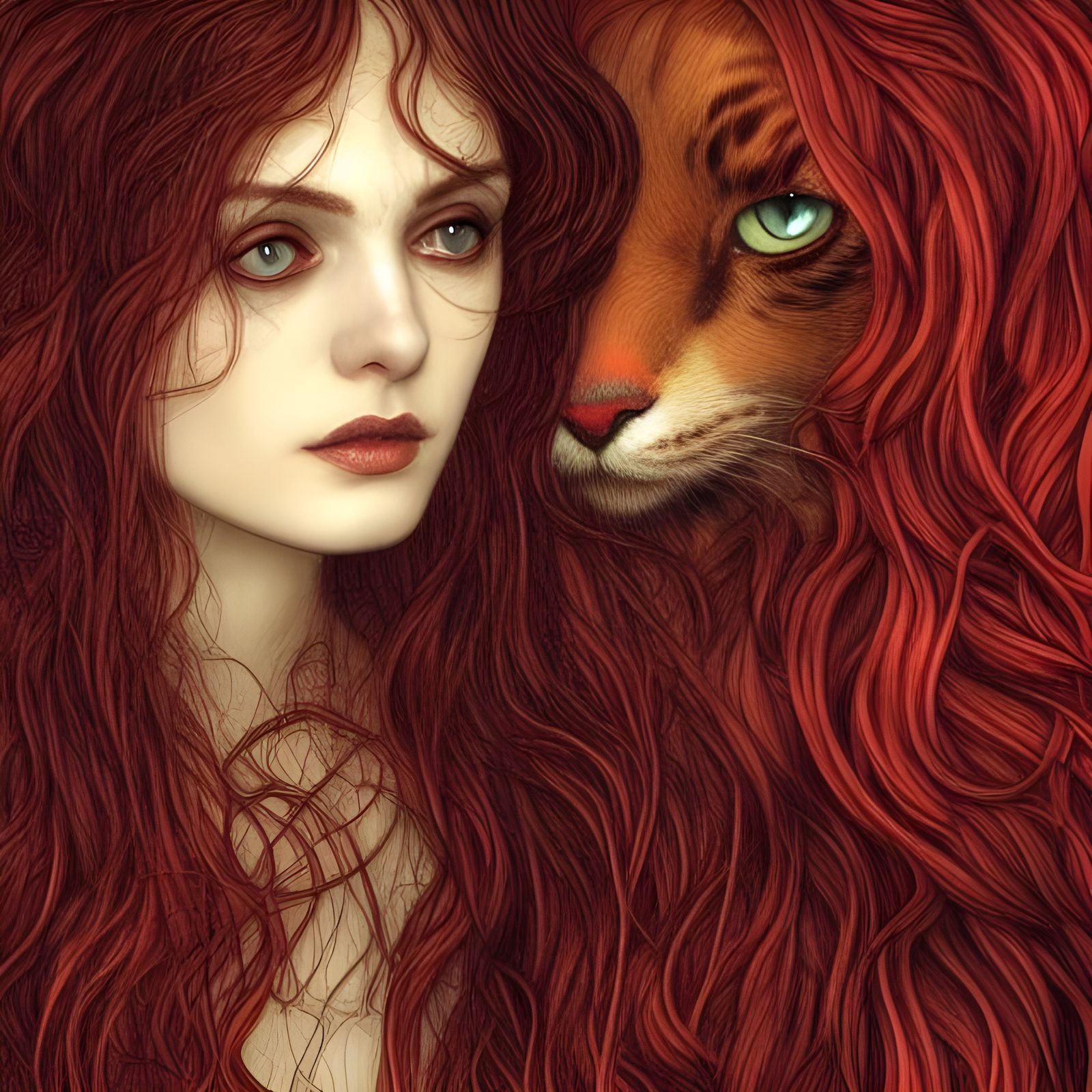 Red Toned Cat with Sunken Eyes in Pre-Raphaelite Style