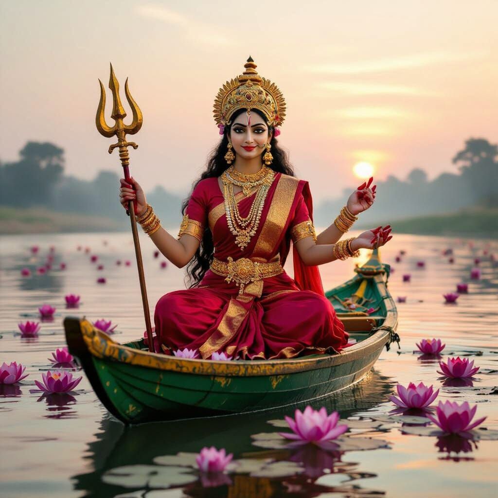 Goddess Durga on Ganga in Dawn Light