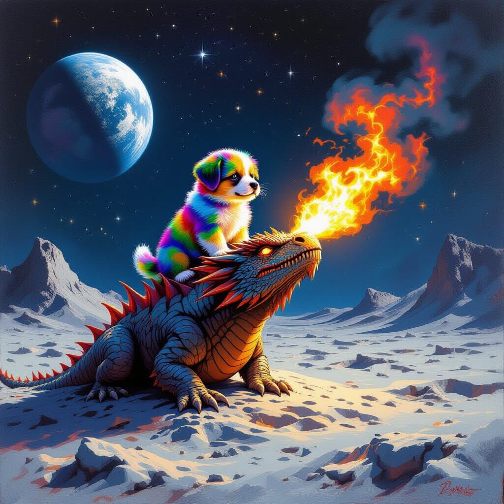 Rainbow Puppy on Moon Dragon in Fiery Cosmic Scene