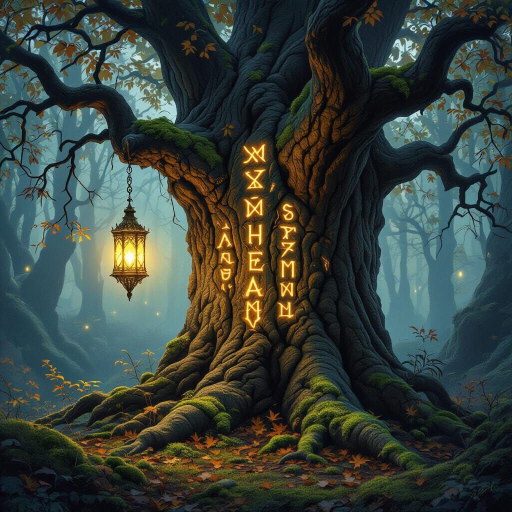 Mystical Tree with Runes and Lantern: Fantasy Art