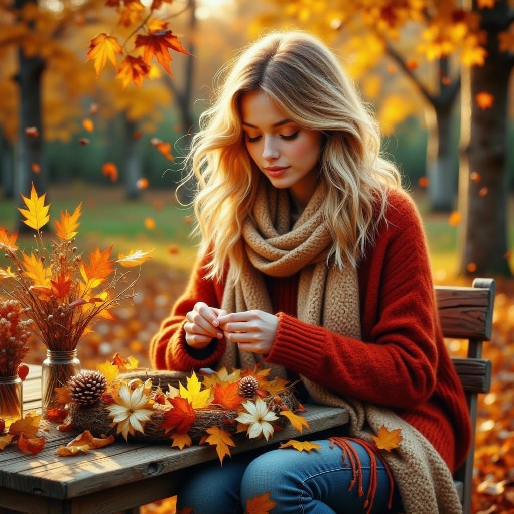 Woman Creates Autumn Wreath in Detailed Digital Art