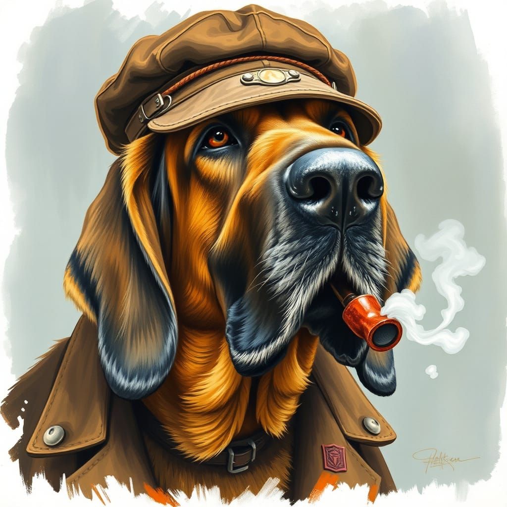 Bloodhound in Deerstalker Hat: Gouache Painting