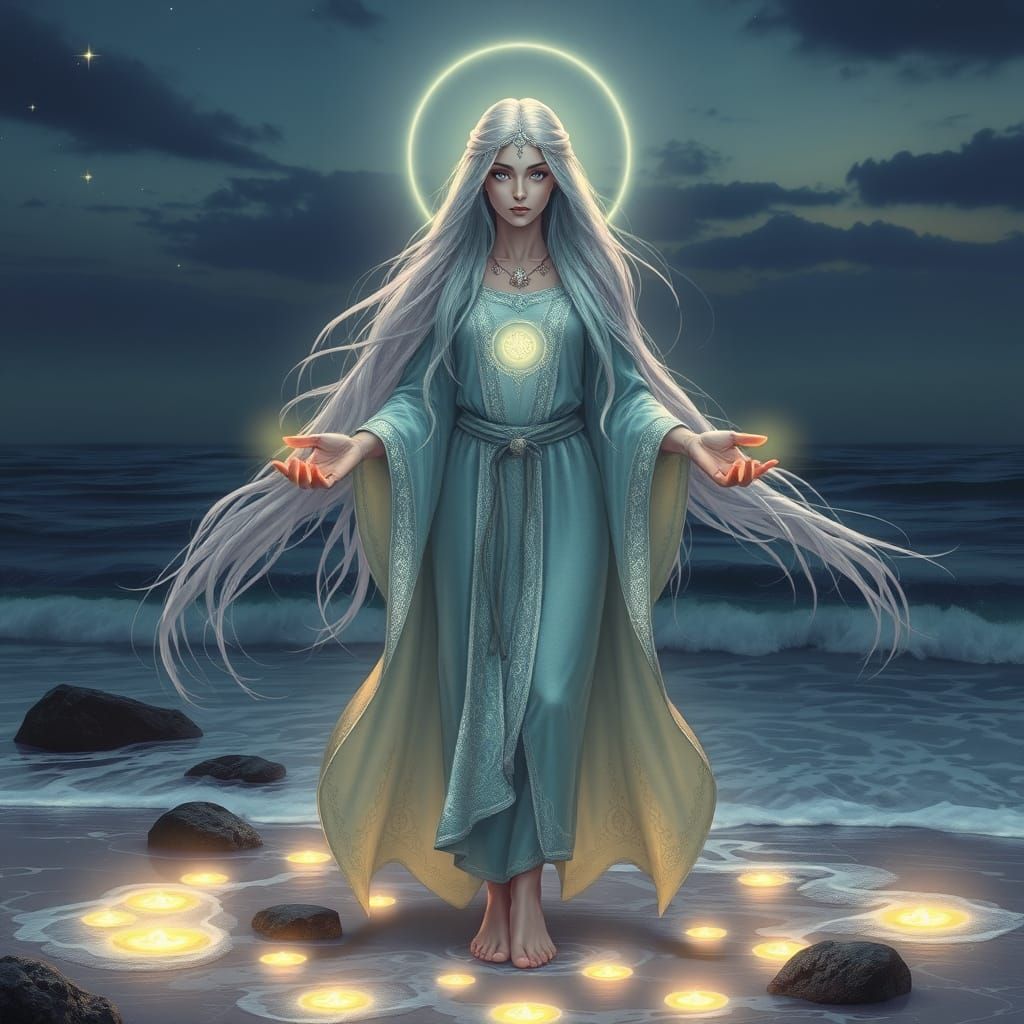 Lemurian Priestess on Crystal Shoreline in Dark Fantasy Styl...