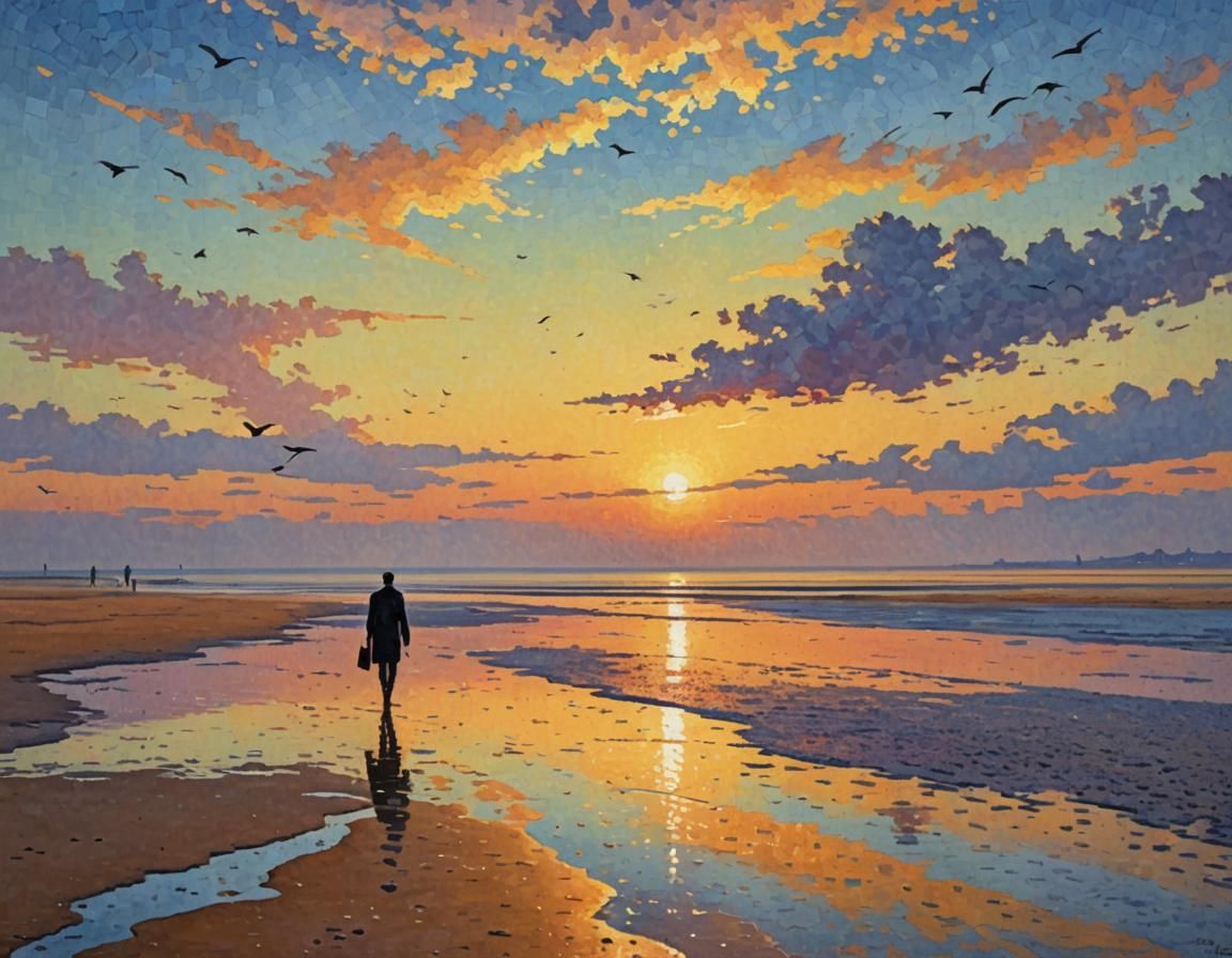 Wadden Sea Sunset: Pointillist Beach Scene