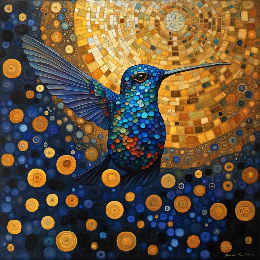 Mystic Hummingbird in Klimt Style Landscape