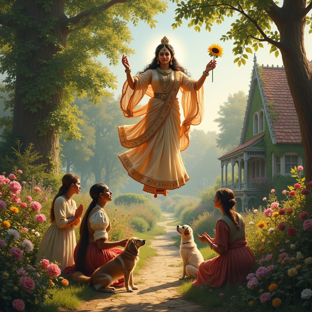 Lakshmi Bestows Wealth on Peasants in Garden