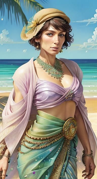 Peaky Blinders Lady on Enchanted Beach in Watercolor Style