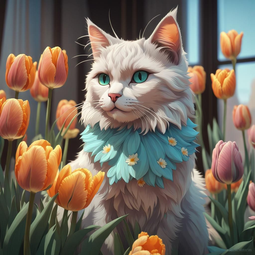 Fluffy Cat with Spring Flowers: Art Nouveau Style