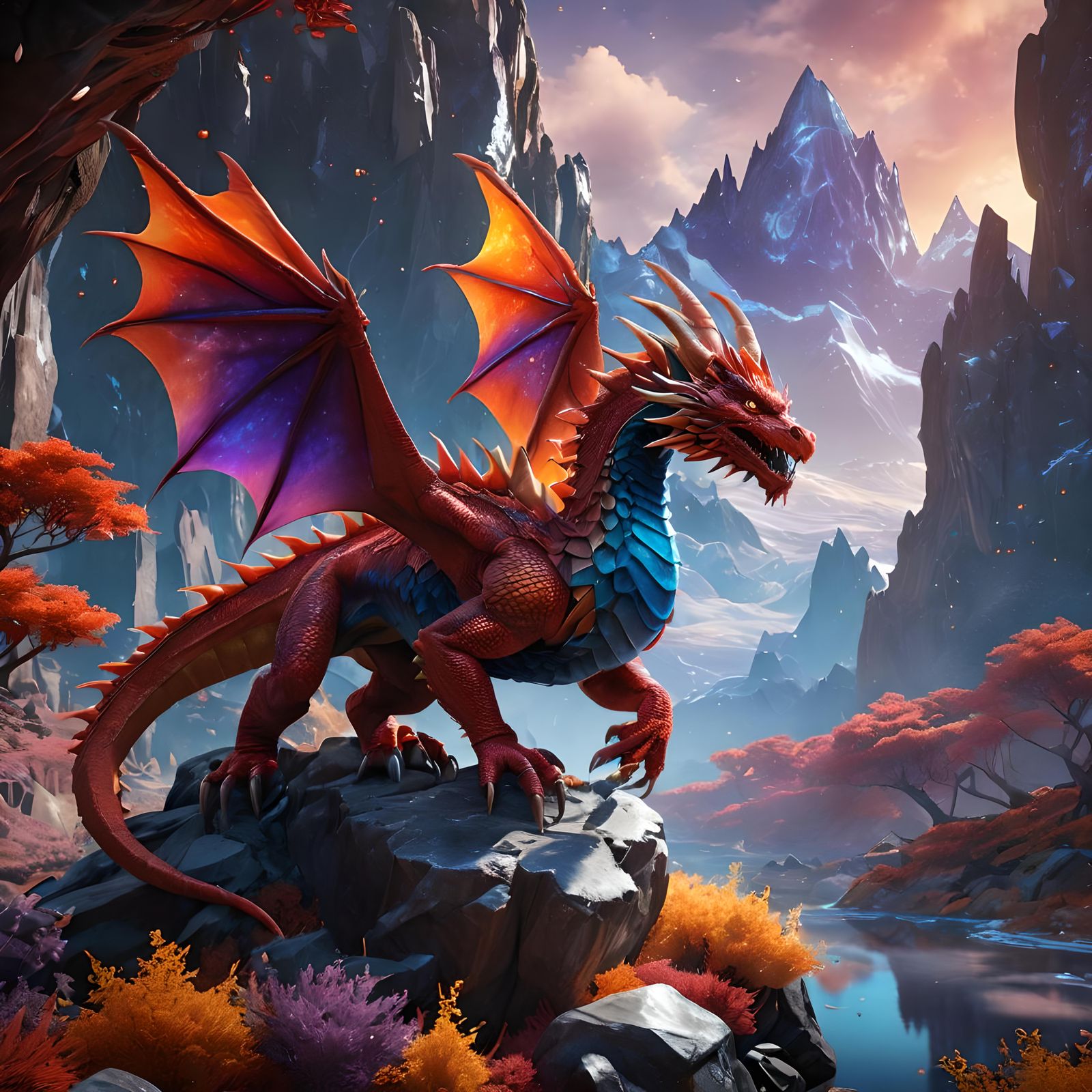 Red Dragon in Crystalline Landscape: 3D Game Art