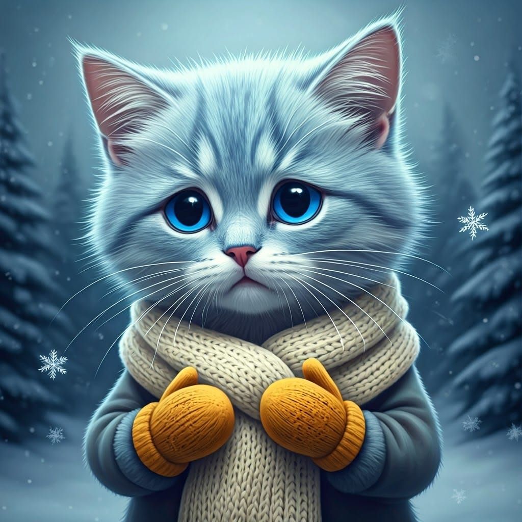 Whimsical Blue Cat in Winter Wonderland